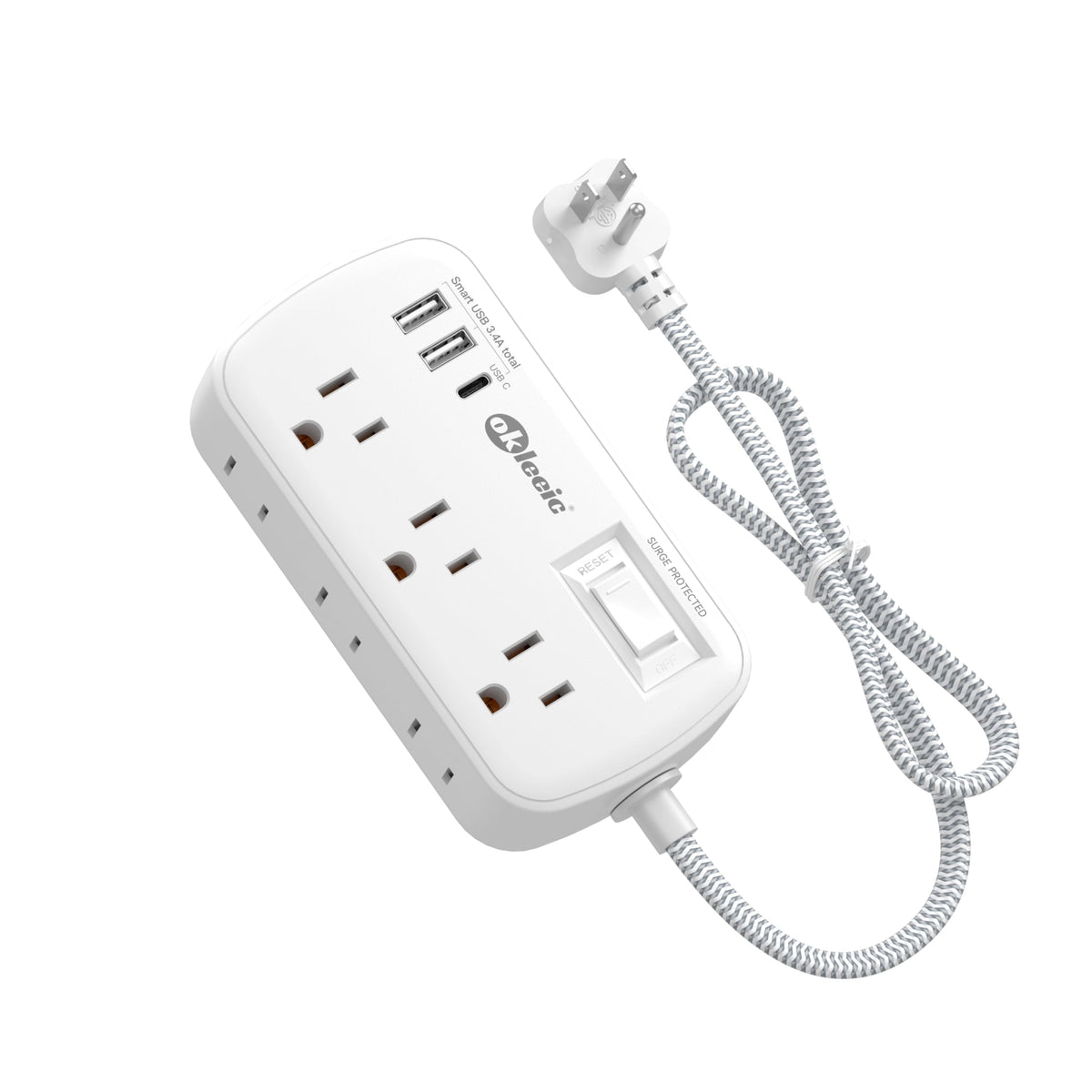 Okleeic short extension cord 2ft flat-plug front view shows clutter-free setup