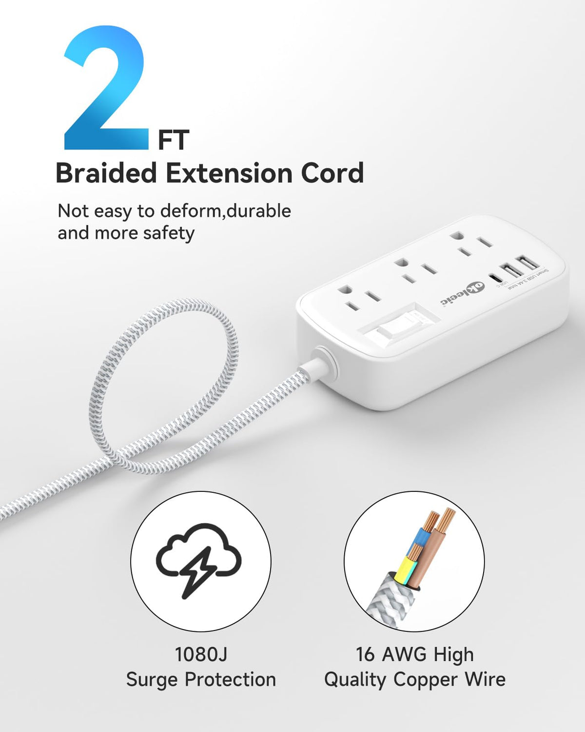 Okleeic short extension cord 2ft flat-plug side view for tight spaces