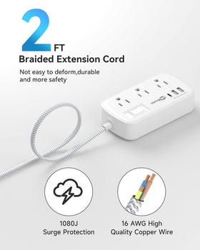 Okleeic short extension cord 2ft flat-plug side view for tight spaces
