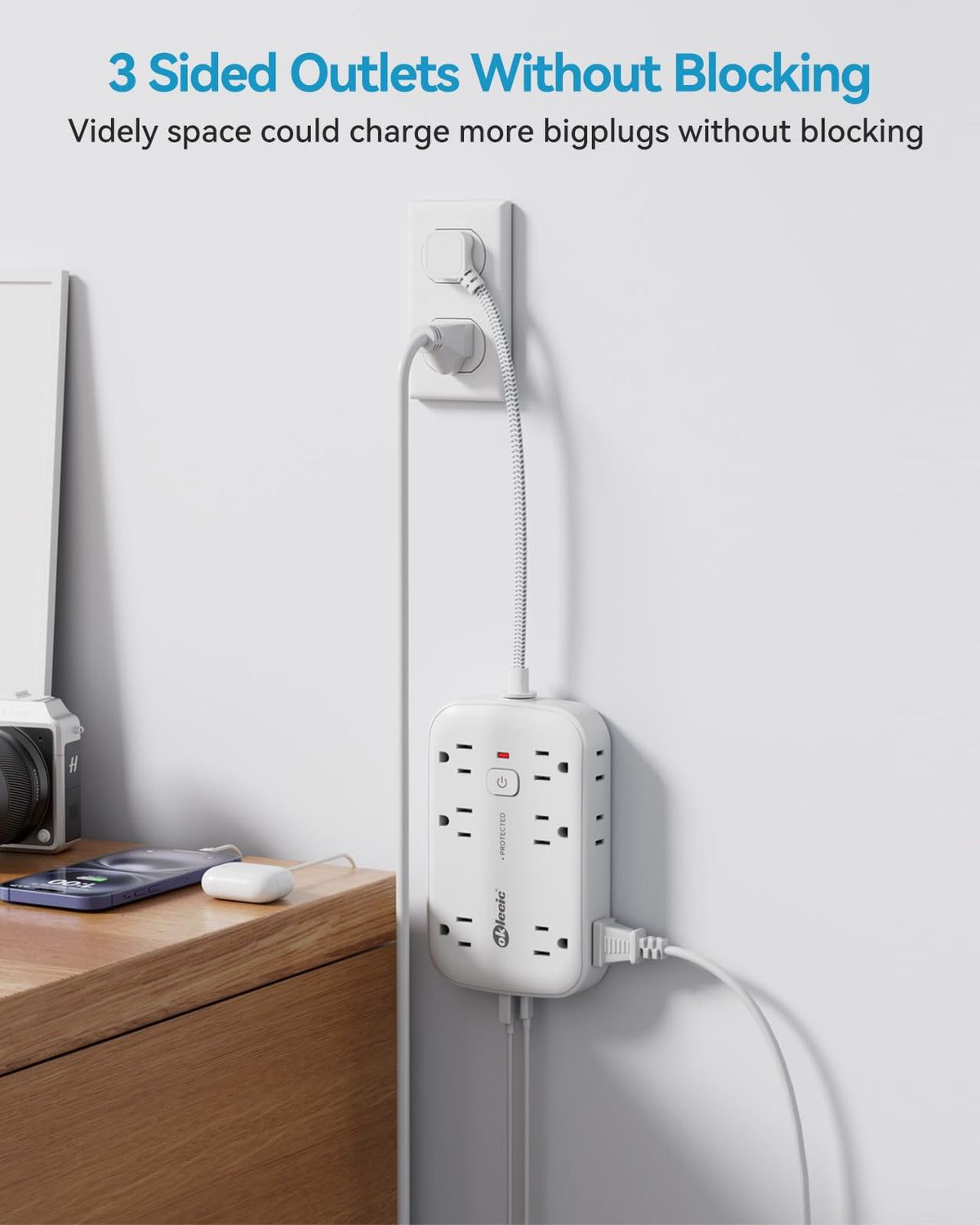 okleeic three-sided sockets arranged to prevent bulky adapters from blocking