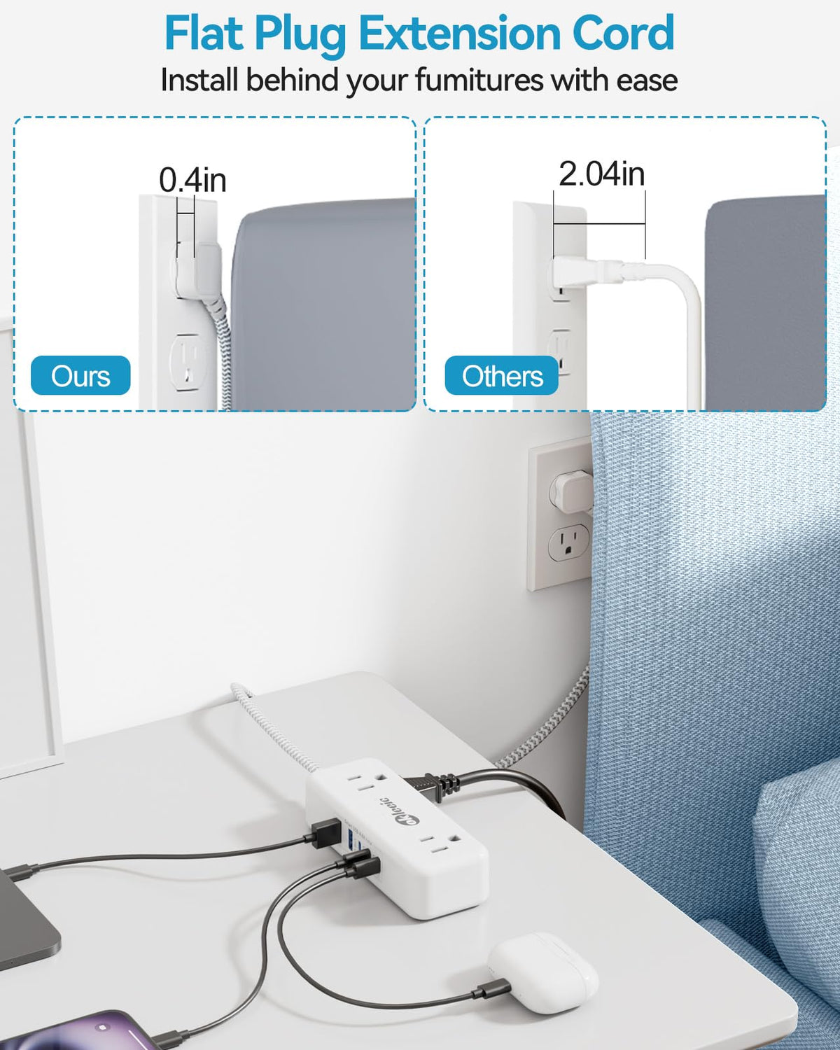 Okleeic two-sided outlet design reduces plug interference for bulky adapters.