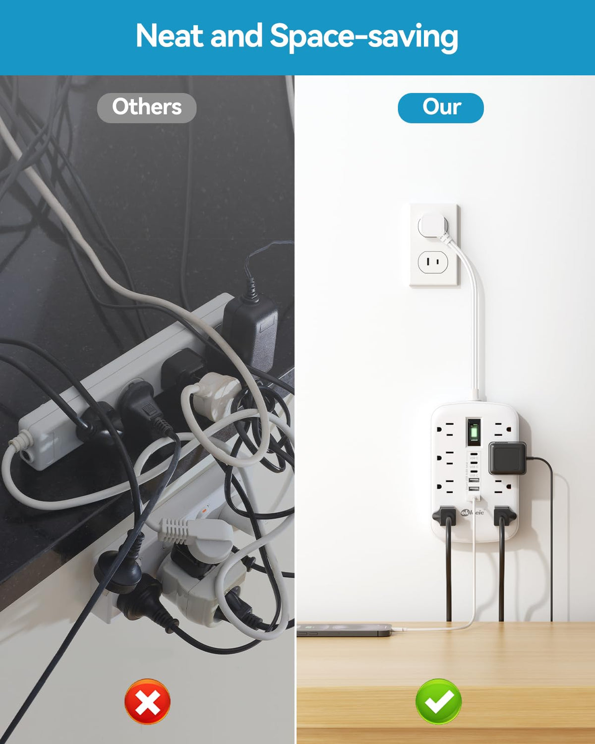 okleeic close-up of USB ports and AC outlets for fast multi-device charging