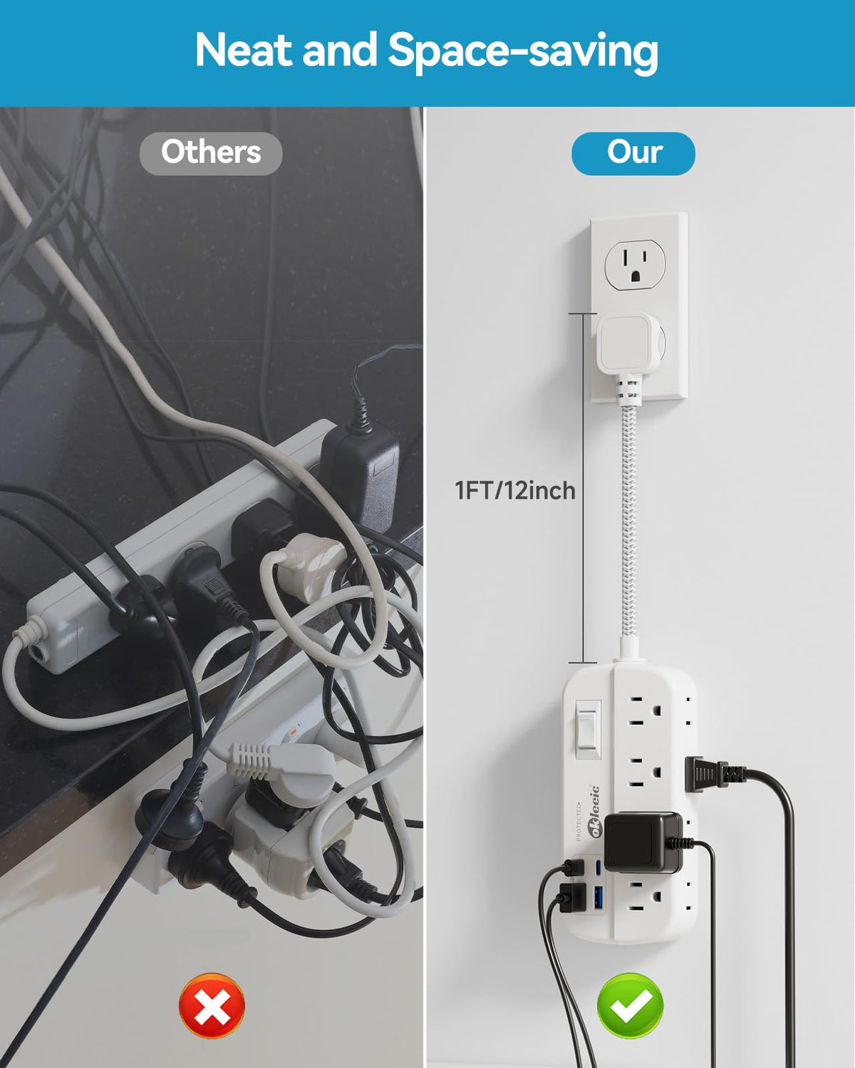 Okleeic wall-mountable flat plug saves space behind furniture.