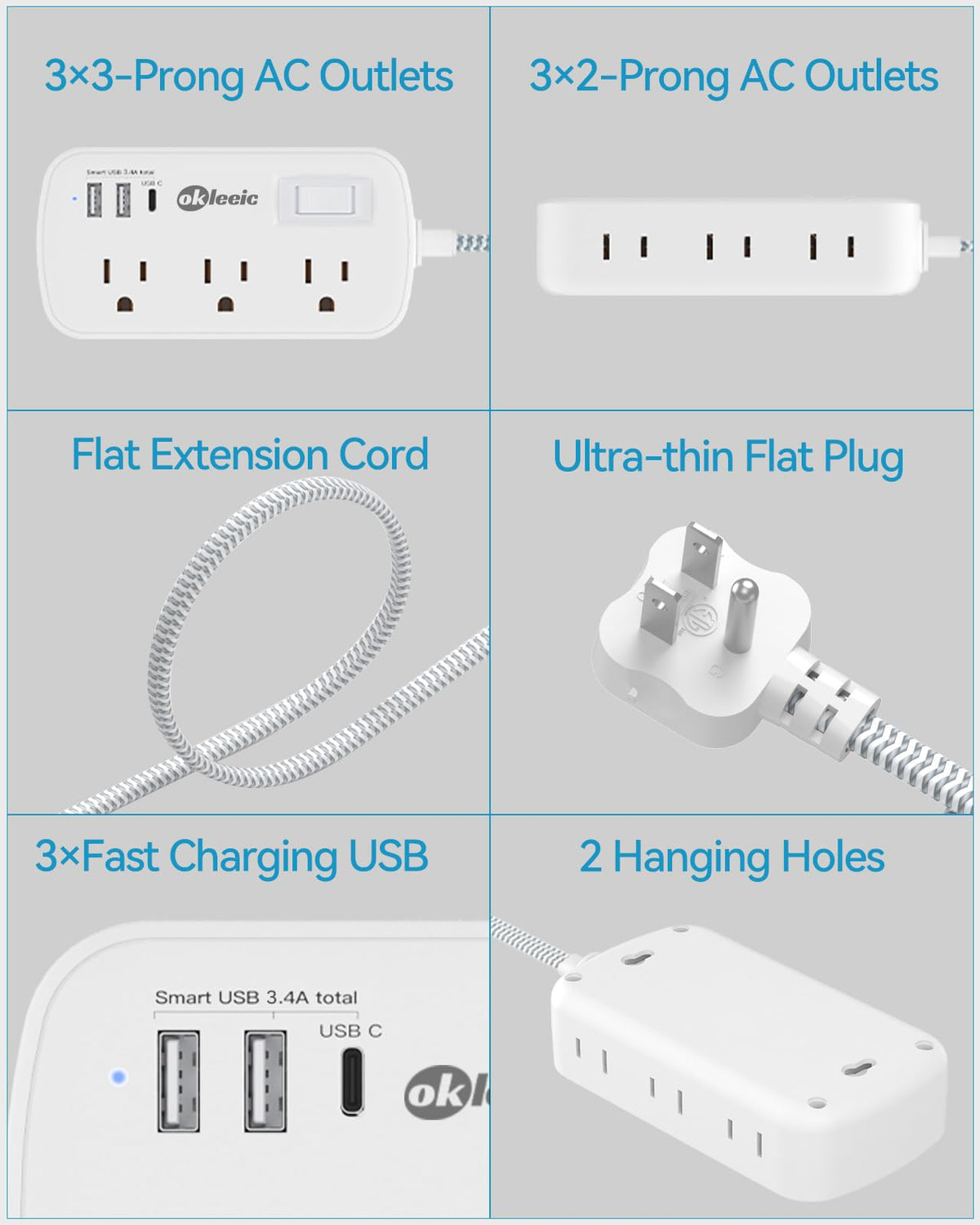 Okleeic wall-mountable design frees desk space and keeps outlets accessible.