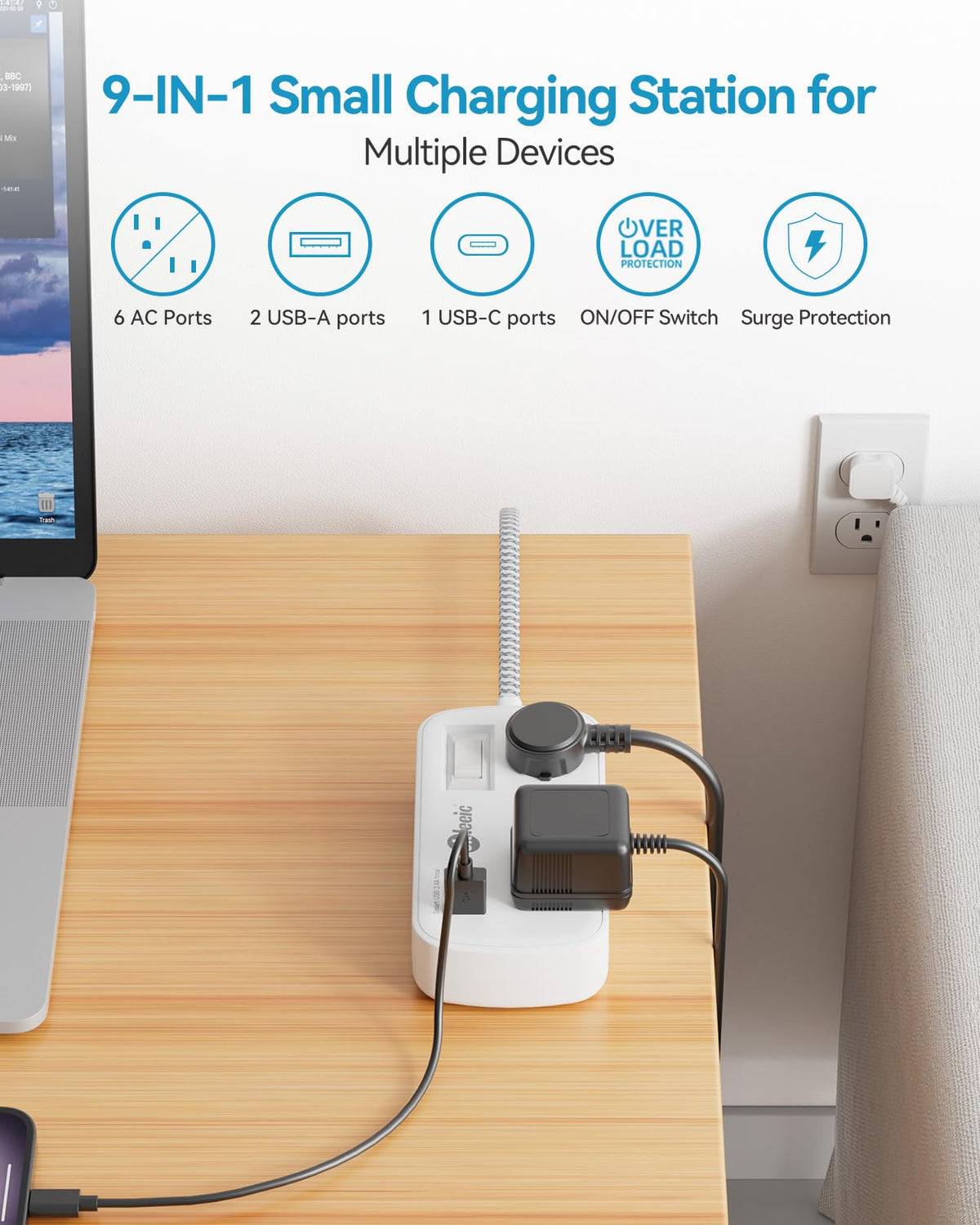 okleeic top view showing widely spaced outlets to fit bulky adapters without blocking neighbors