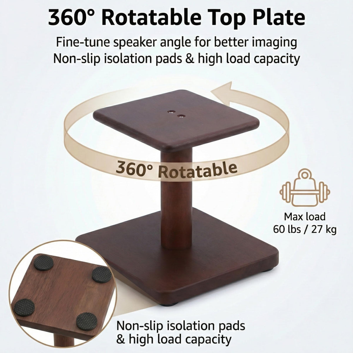 OKOstand top plate rotation detail enabling precise speaker angling benefit