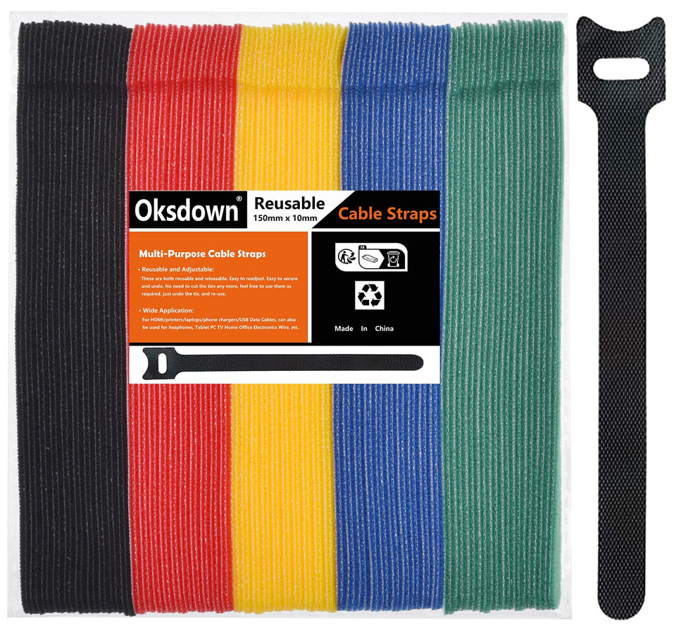 Oksdown front packaging showing 100 colorful reusable cable ties for tidy cords