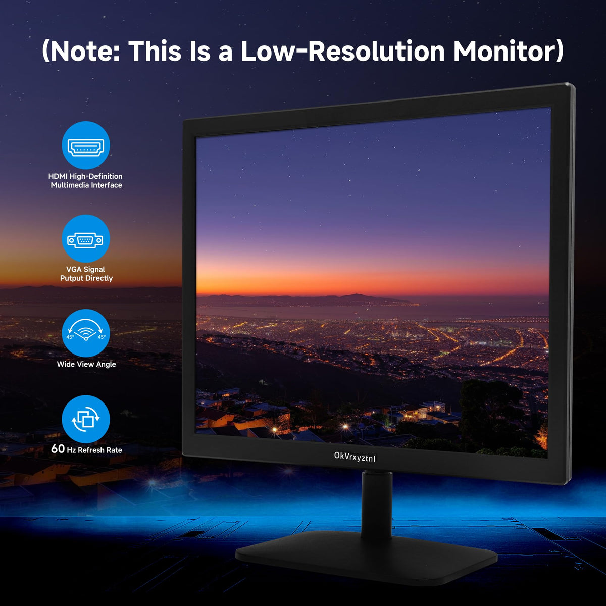 OkVrxyztnl 17-inch monitor back ports show HDMI and VGA for versatile connections.