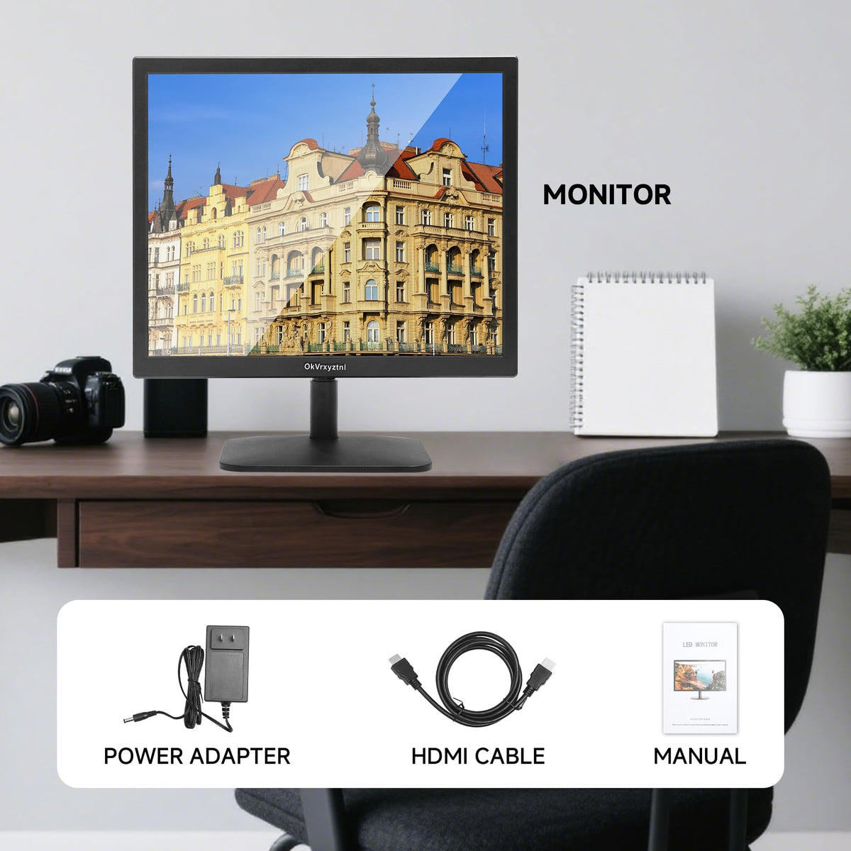 OkVrxyztnl monitor with HDMI and VGA inputs supports multiple devices.