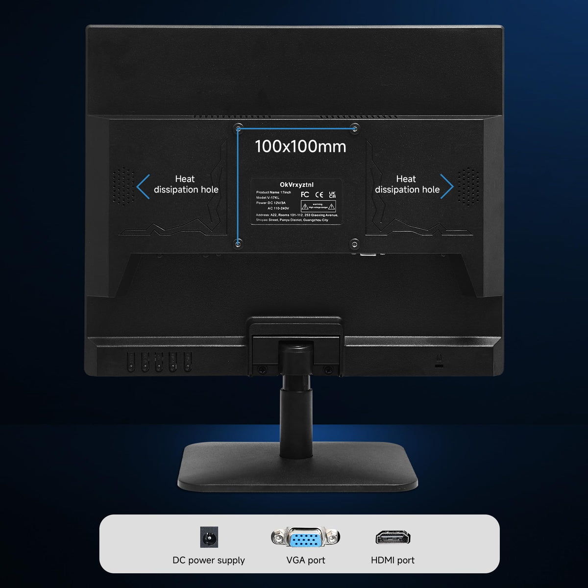 OkVrxyztnl monitor mounted on a wall or arm with VESA compatibility.