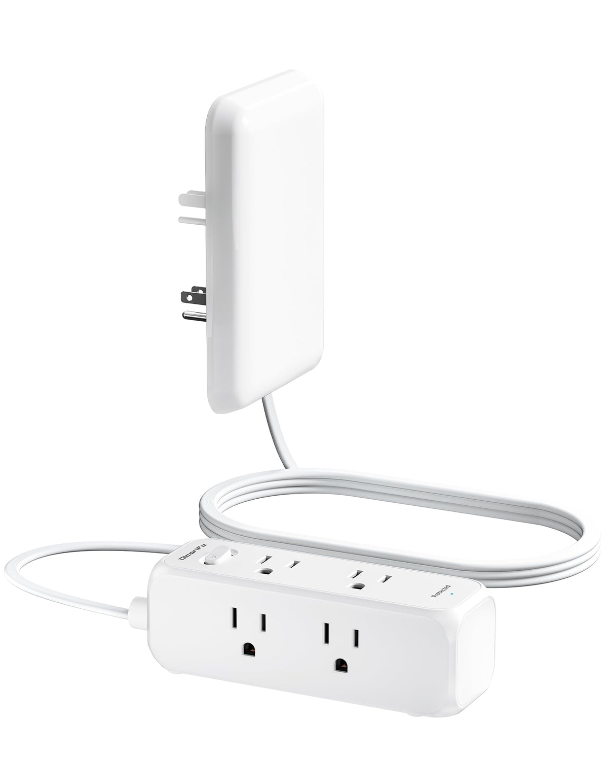 Olcorife flat-extension cord with outlet cover for a clean, compact setup.