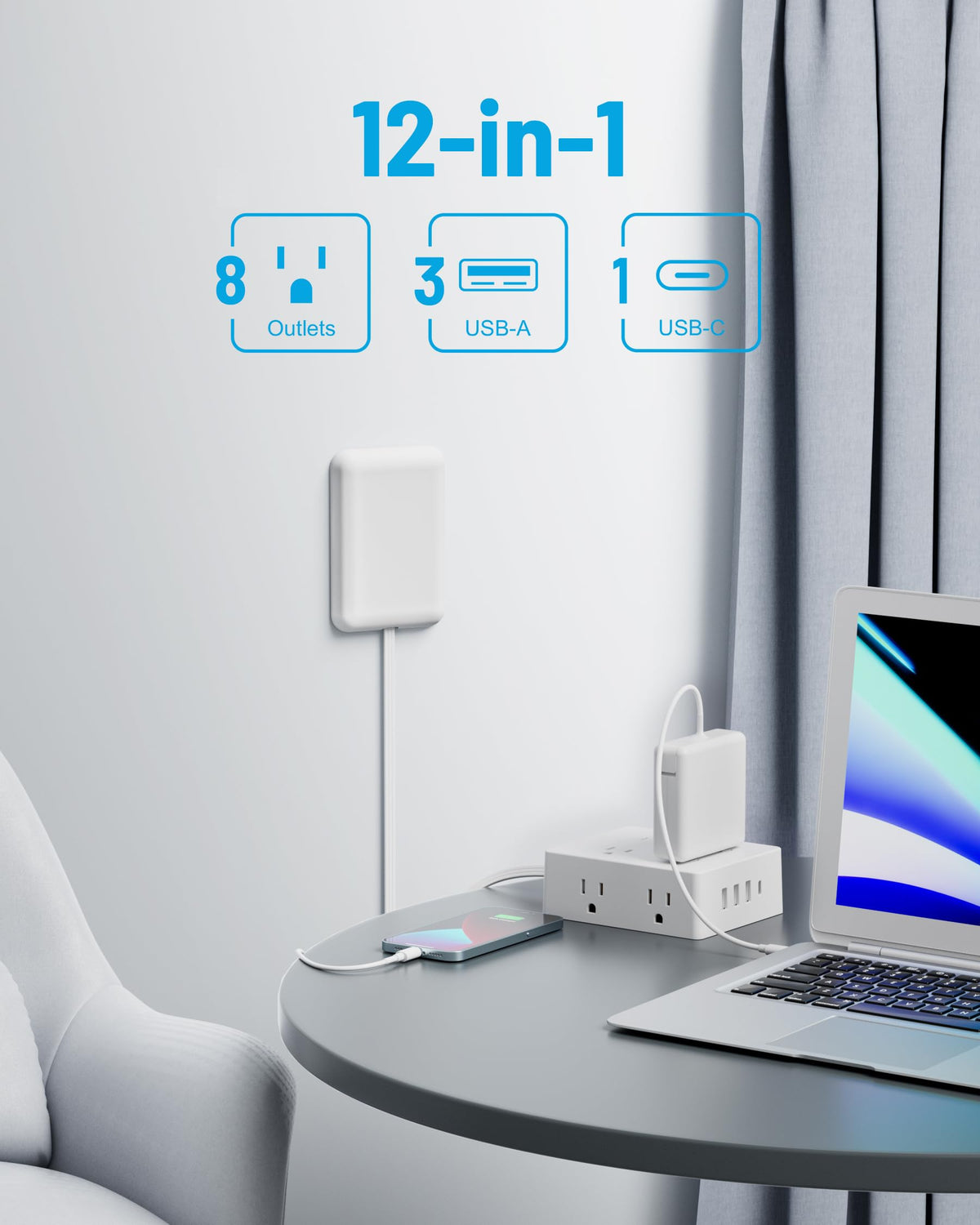 olcorife flat plug closeup snug against wall for space saving