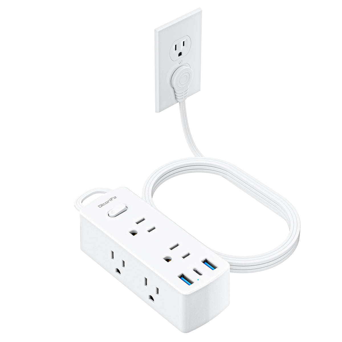 Olcorife flat plug power strip with a 5 ft cord for hidden-wall setups.