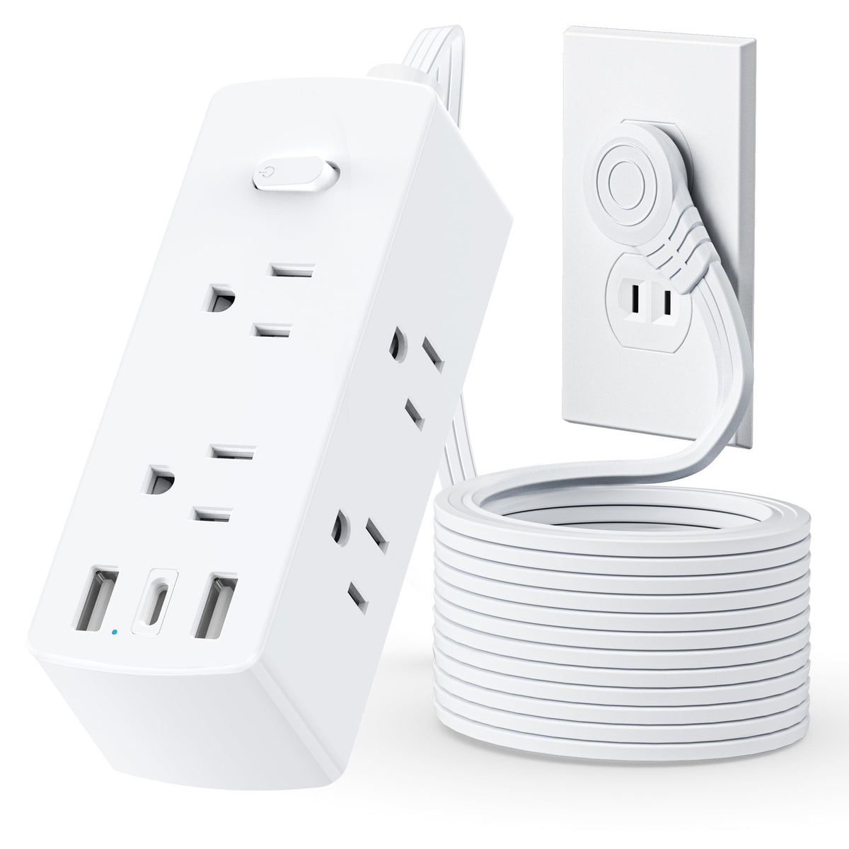 Olcorife flat plug power strip with six outlets for space-saving wall setup.