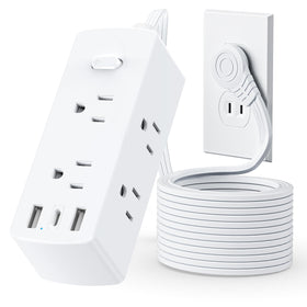 Olcorife flat plug power strip with six outlets for space-saving wall setup.