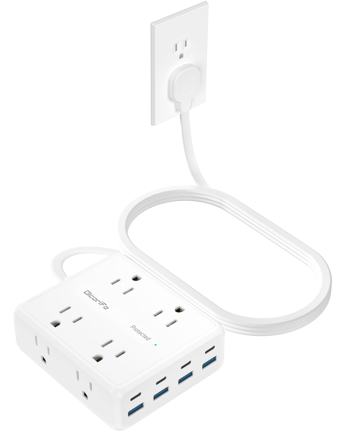 Olcorife flat plug power strip front view with eight outlets for multiple devices