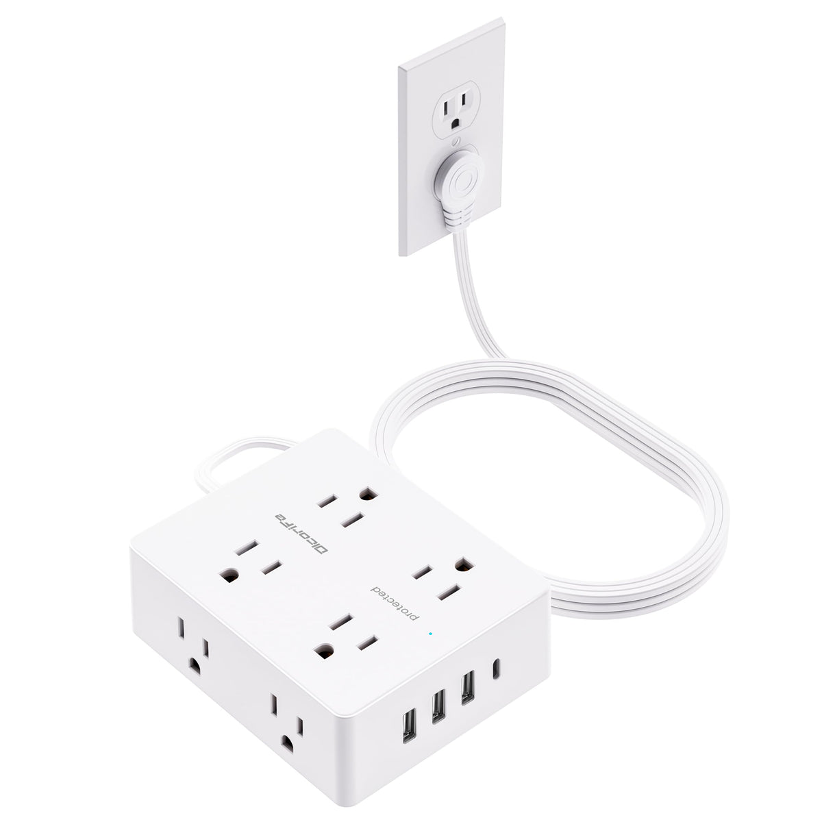 Olcorife flat plug power strip front view with eight outlets for organized charging