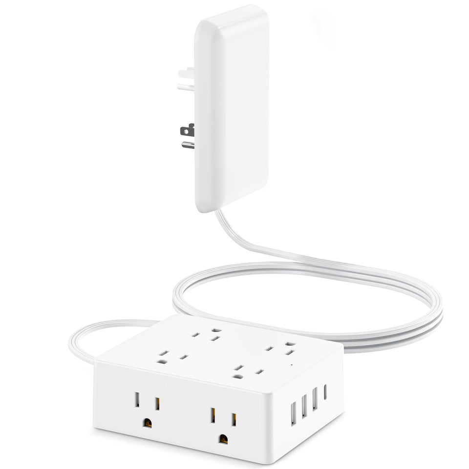 olcorife front view of flat extension cord showing outlets and USB for neat power
