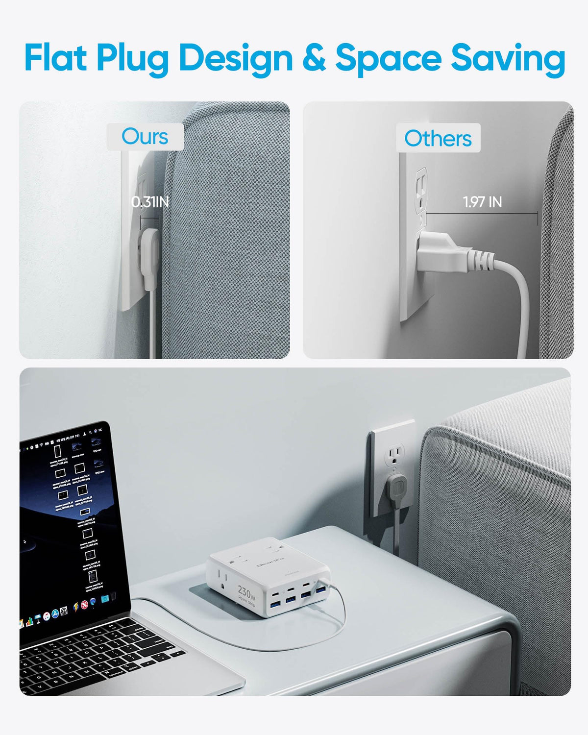 olcorife power strip in use on a desk charging laptop and phone for organized workspace