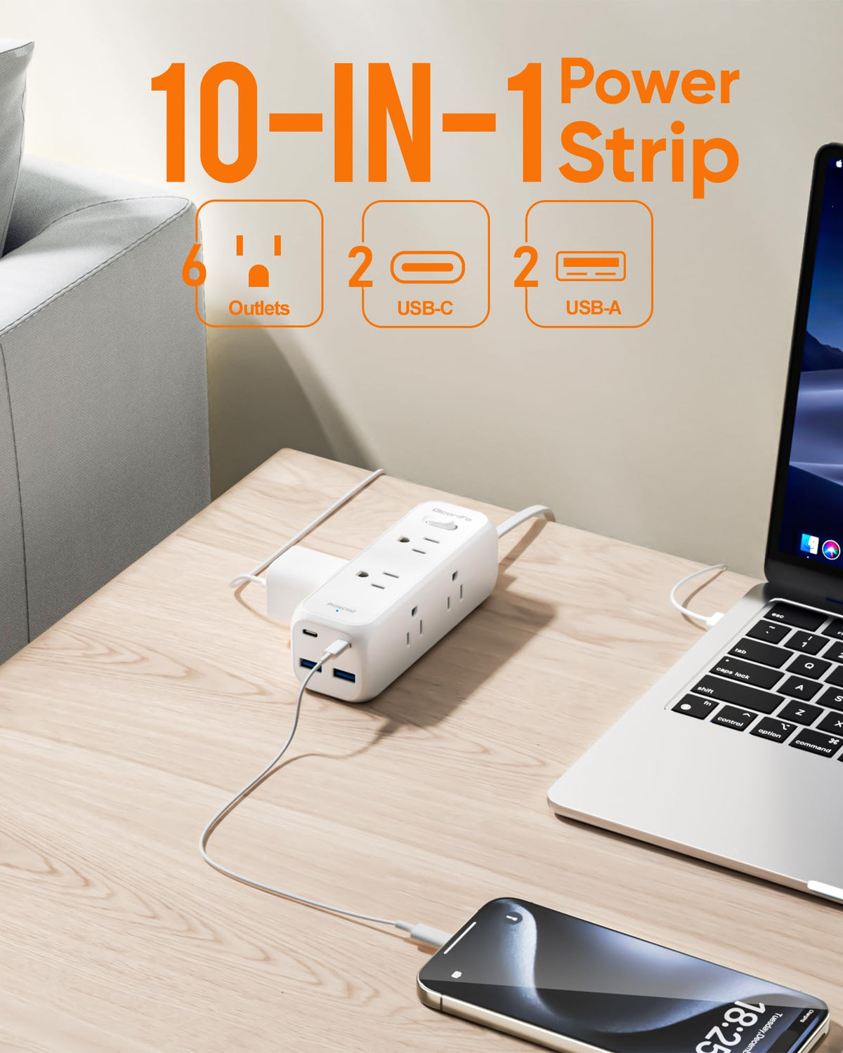 Olcorife power strip with USB-C ports for fast multi-device charging