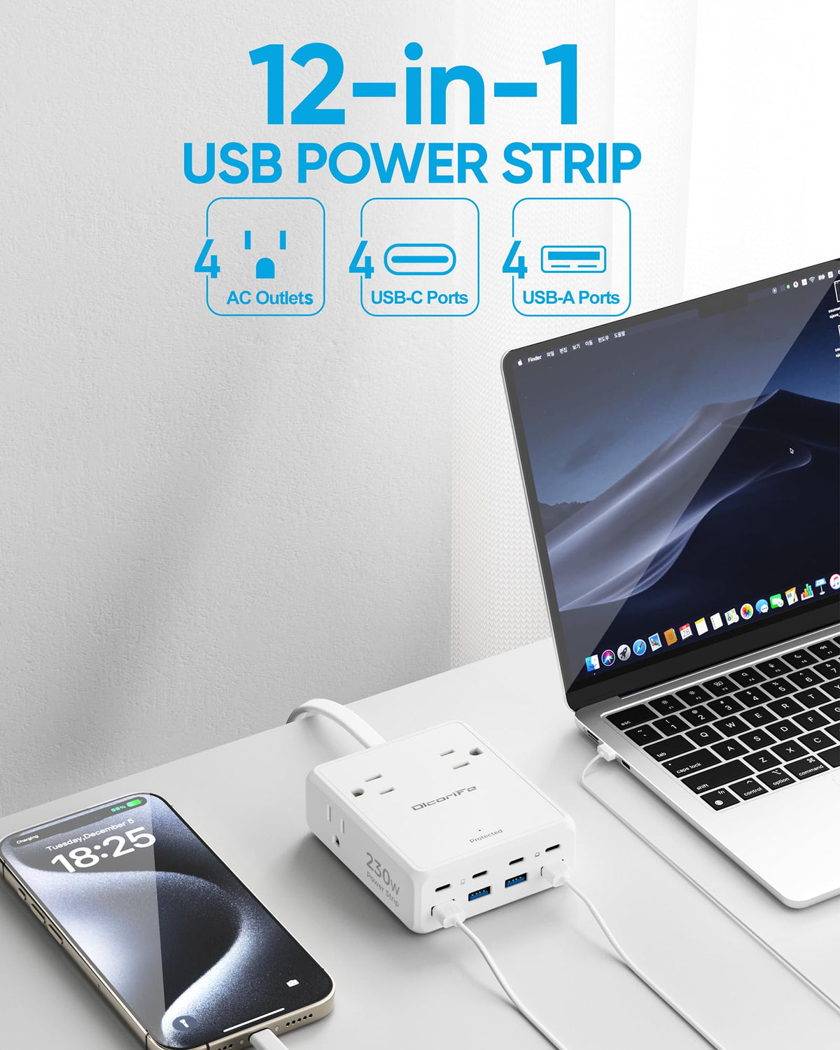olcorife detail of USB-C and USB-A ports plus AC sockets offering flexible device power