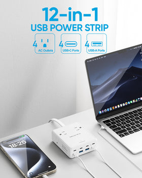 olcorife detail of USB-C and USB-A ports plus AC sockets offering flexible device power