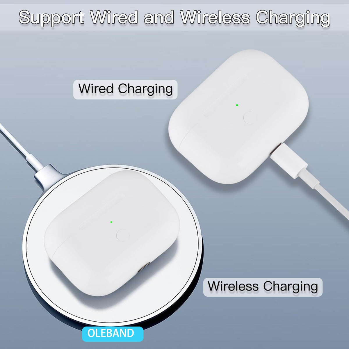 OLEBAND placed on a Qi wireless mat showing cable-free charging convenience benefit