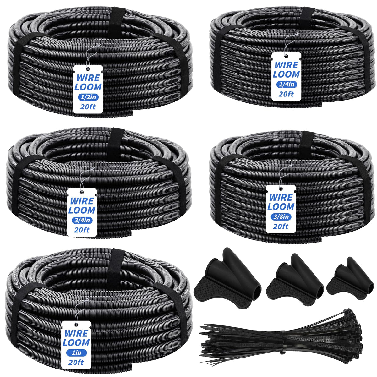 Oleitodh front packaging showing five split wire loom rolls and tape protecting cables