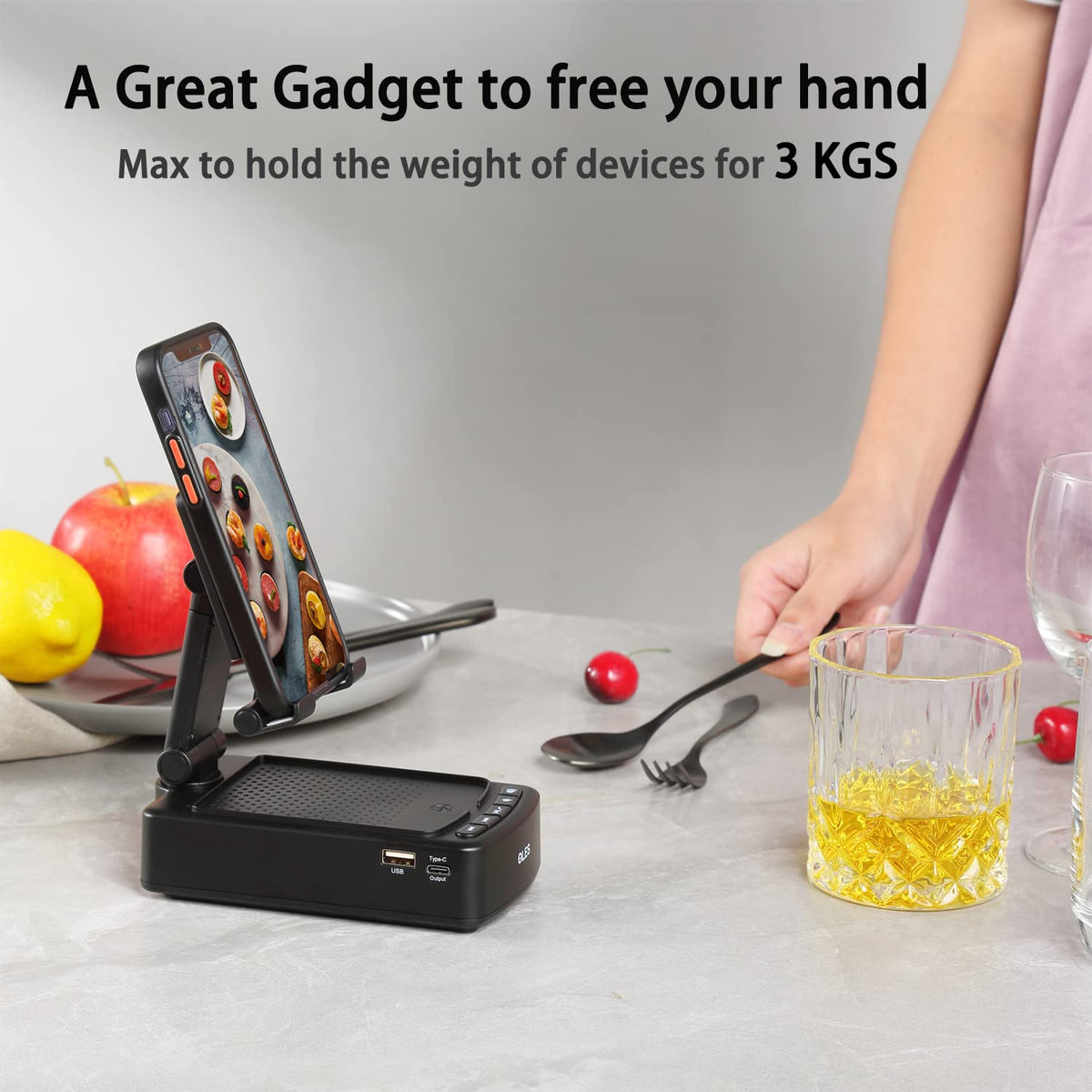 OLES desk setup includes power charging while you watch.