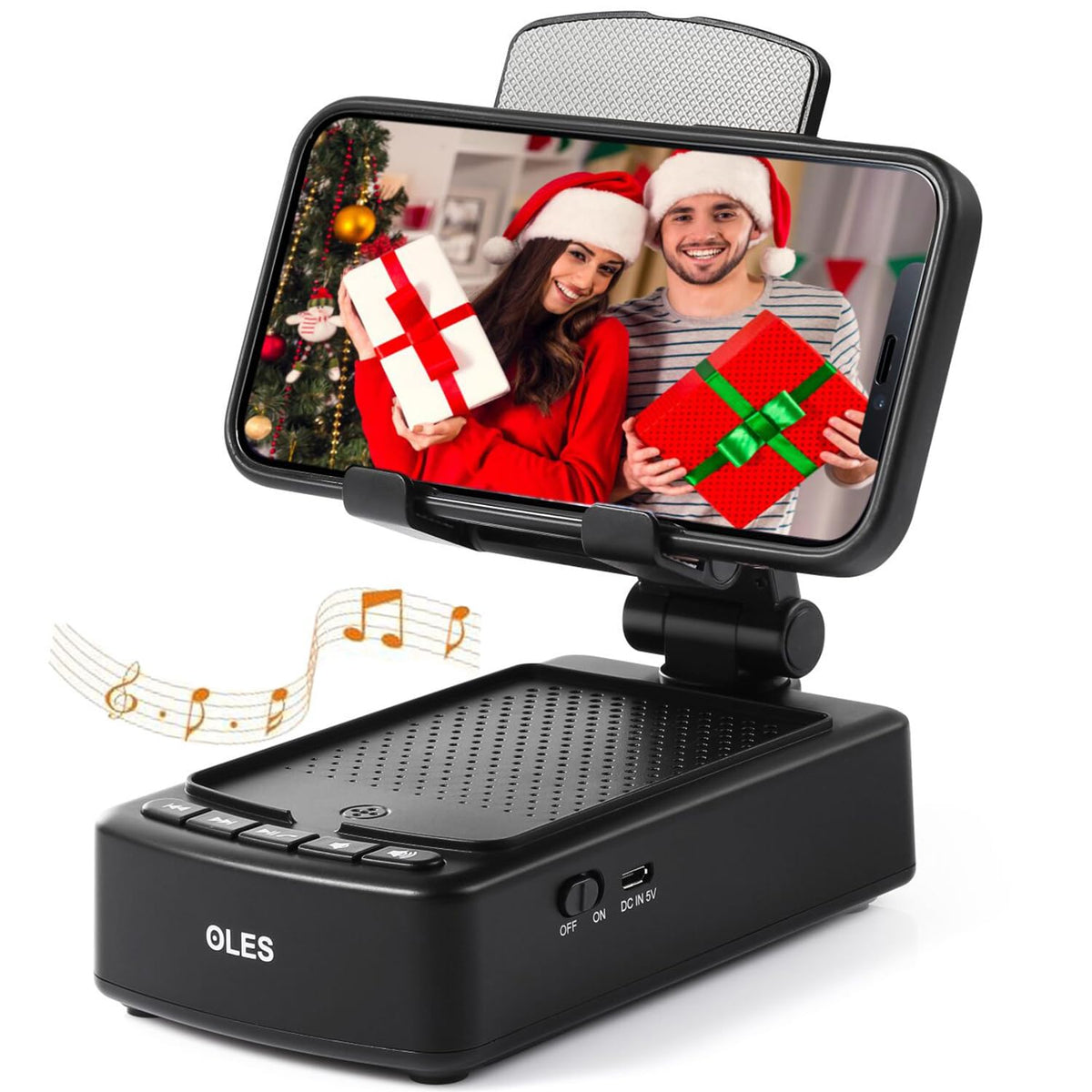 OLES mobile phone stand with Bluetooth speaker enabling hands-free viewing.