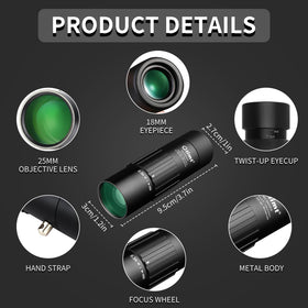 Close-up of OLIMT 8x25 lenses highlights ED glass clarity and color reproduction.
