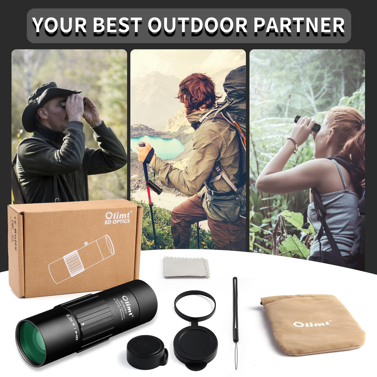 OLIMT monocular used during hiking with backpack illustrates travel-ready gear.