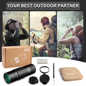 OLIMT monocular used during hiking with backpack illustrates travel-ready gear.