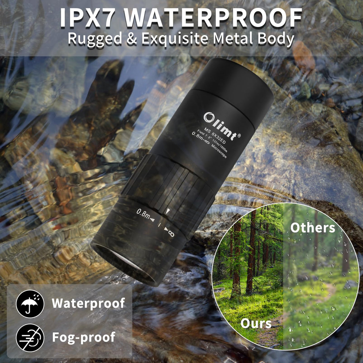 OLIMT rugged IPX7 waterproof body stands up to rain.