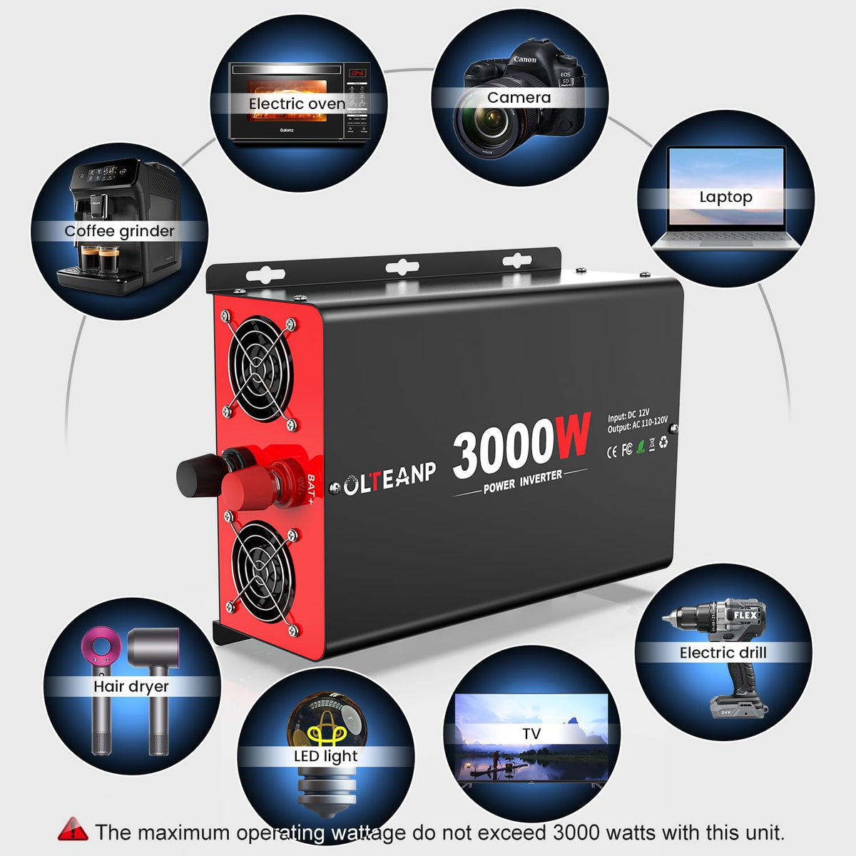 OLTEANP 3000W inverter with four AC outlets ready to power multiple devices