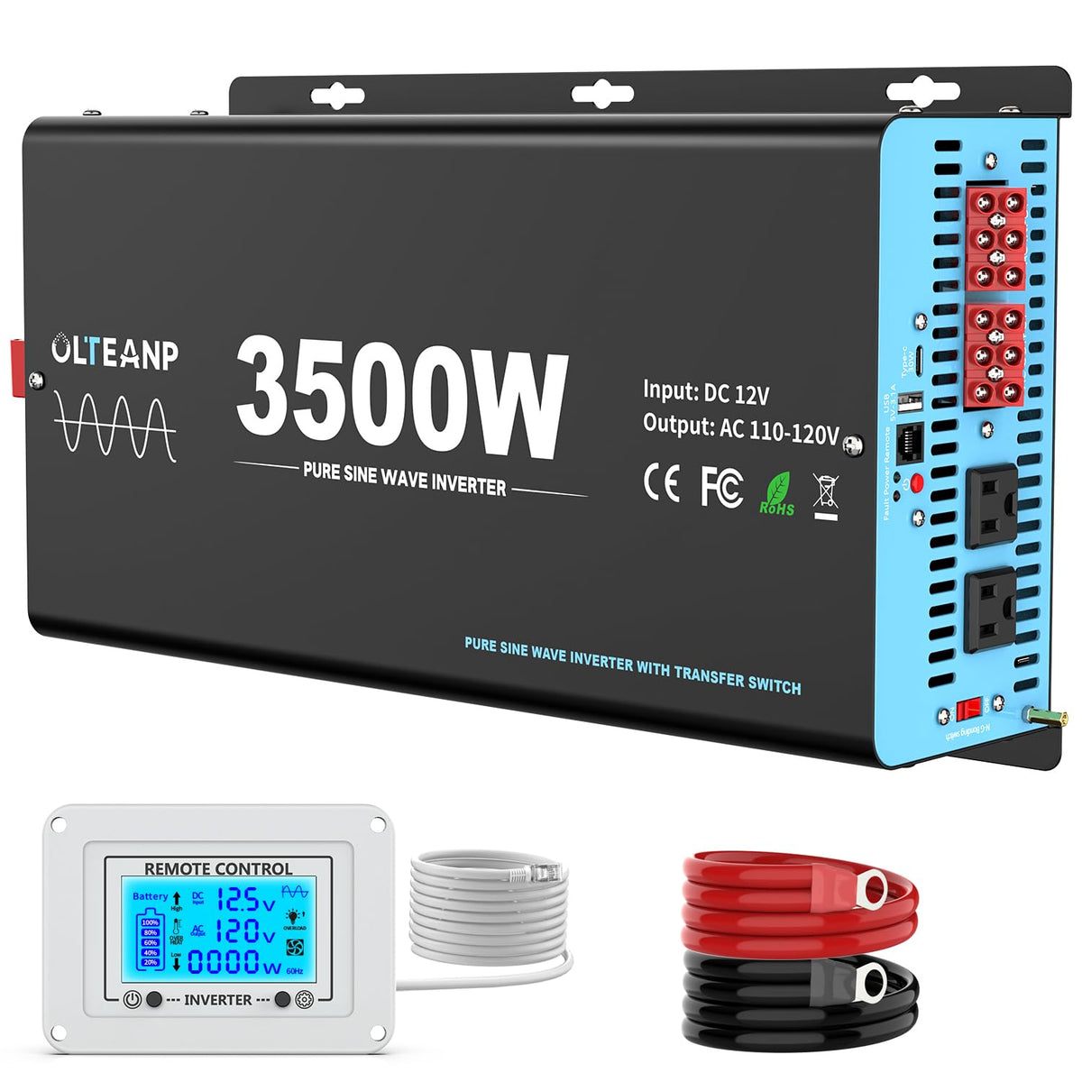 OLTEANP 3500W inverter front view ideal for RV power on the move.