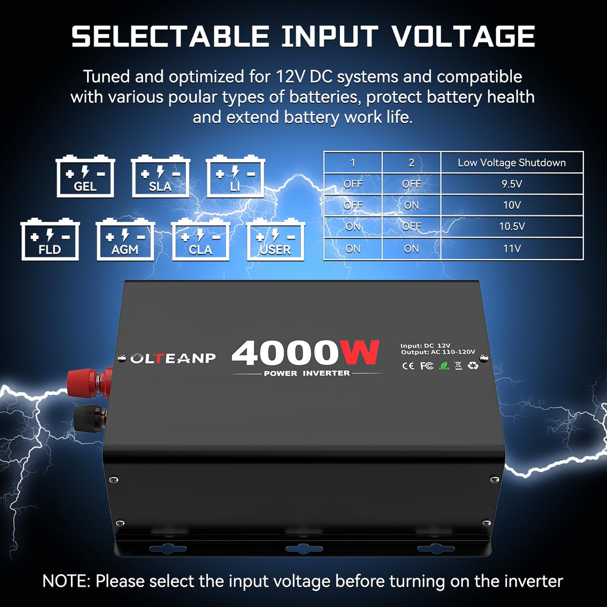 OLTEANP 4000W inverter with 4 outlets and portable power on the go