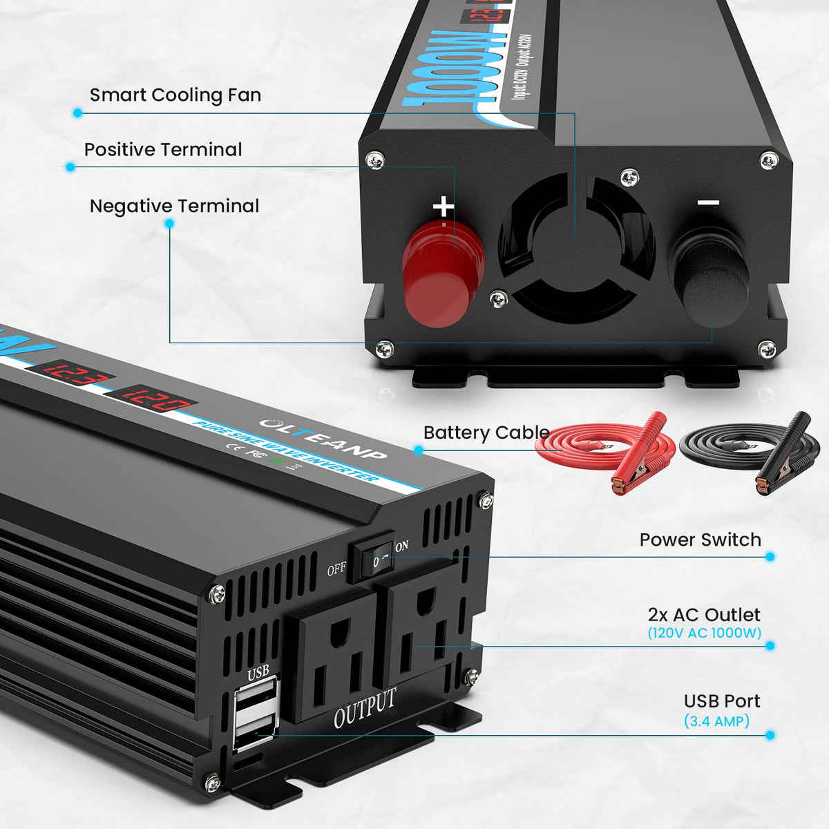 OLTEANP car cigarette plug and cable illustrate portable setup options.