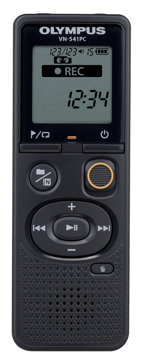 Olympus VN-541PC front view in black, compact and easy to grip.