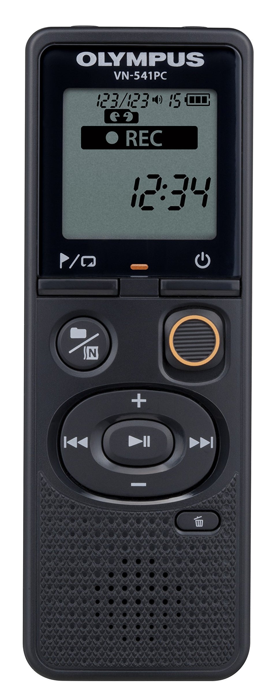 Olympus VN-541PC front view in black, compact and easy to grip.