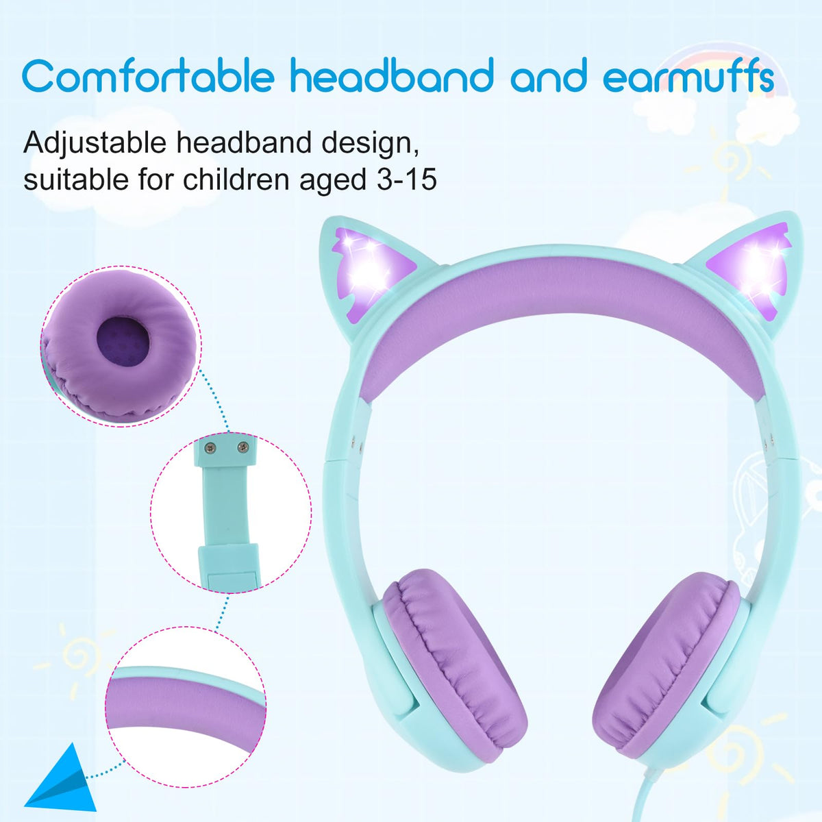 Olyre Kids Headphones cat ears purple front view for study