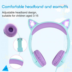 Olyre Kids Headphones cat ears purple front view for study