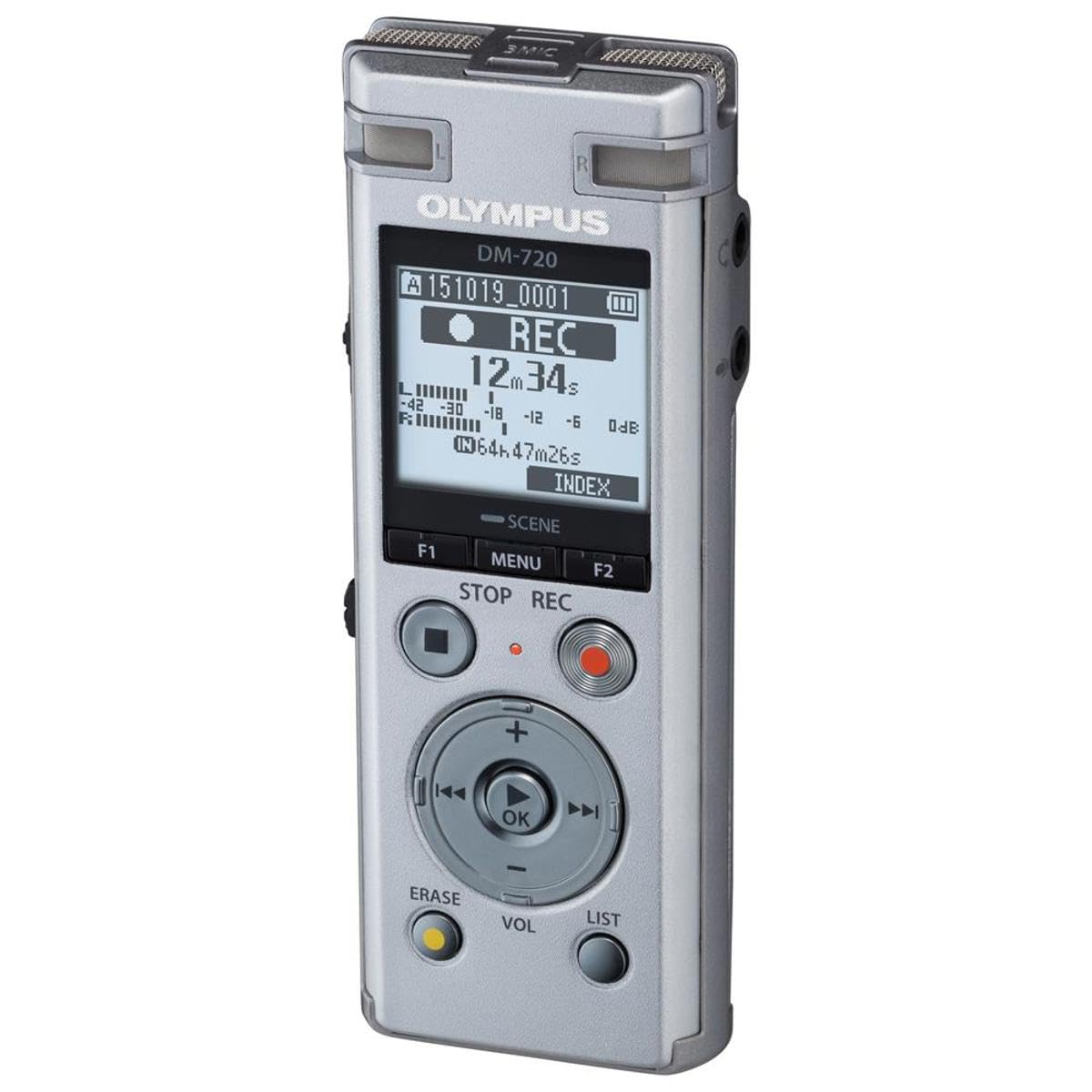 OM SYSTEM DM-720 front view shows portable design for on-the-go recordings.