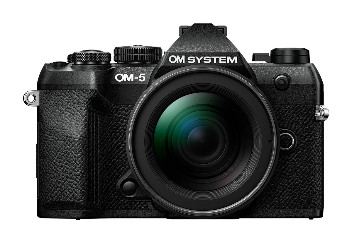 OM SYSTEM OM-5 Mark II front view shows its compact, travel-ready design for outdoor use.