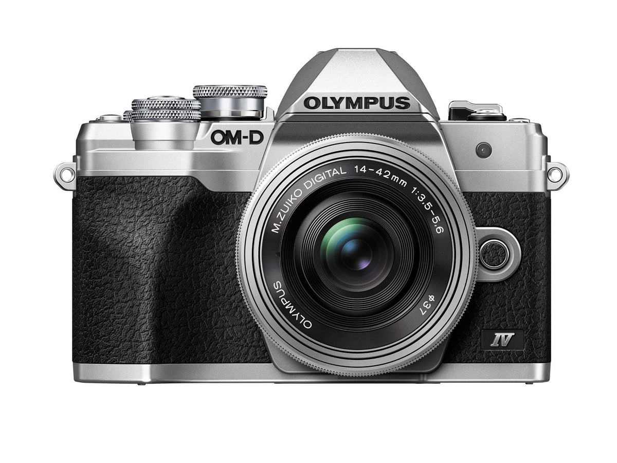 OM SYSTEM OM-D E-M10 Mark IV front view shows compact silver body ideal for street photography