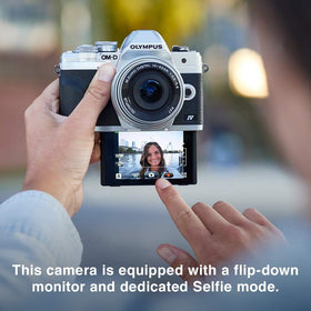 OM SYSTEM OM-D E-M10 Mark IV rear display tilted for easy selfies and vlogging
