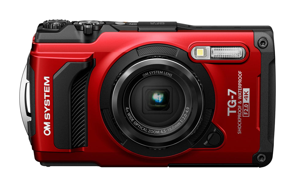 OM SYSTEM TG-7 red front view, rugged design for outdoor shoots.