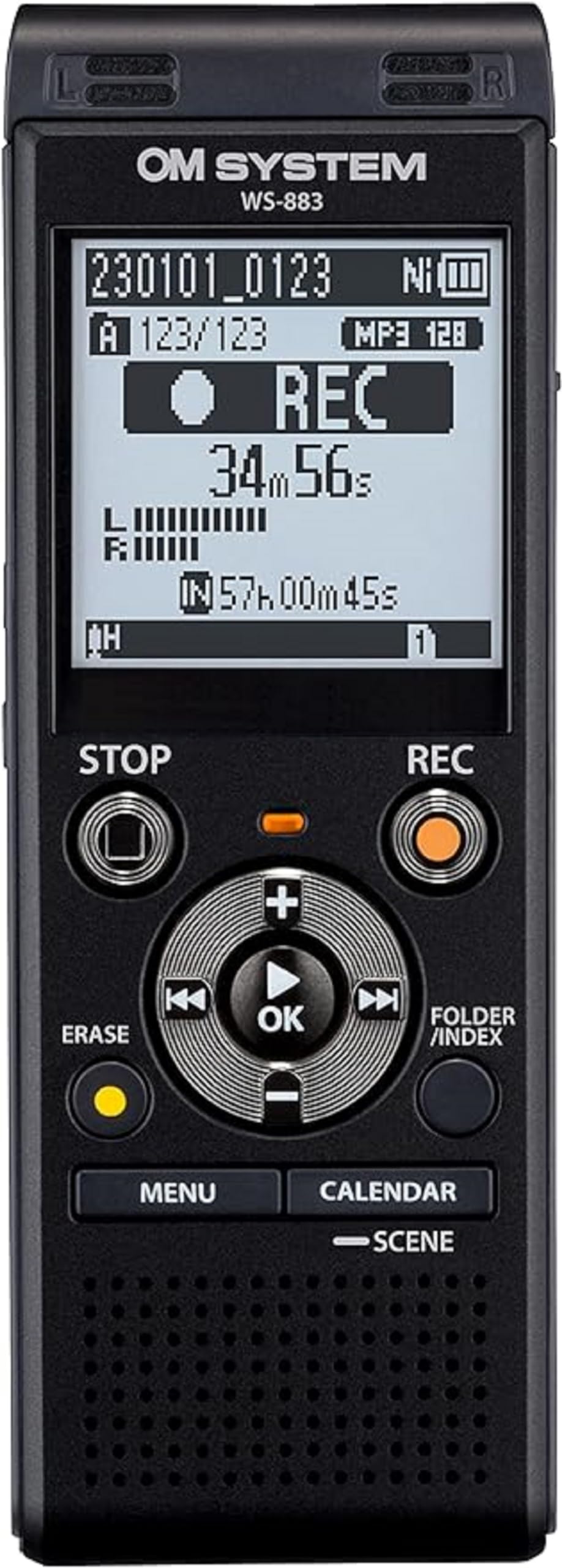 OM SYSTEM WS-883 front view showing compact design and built in memory