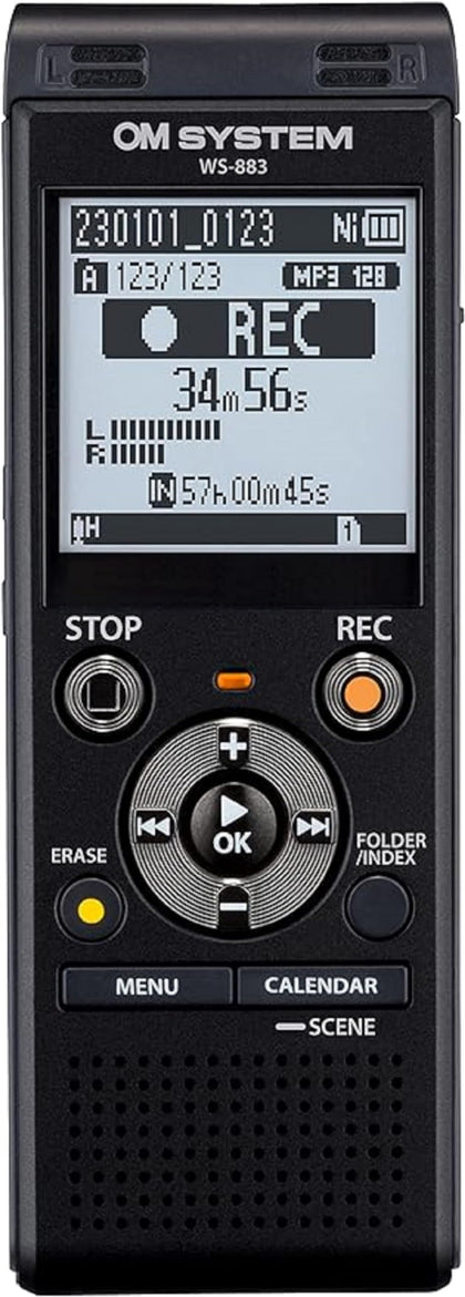 OM SYSTEM WS-883 front view showing compact design and built in memory