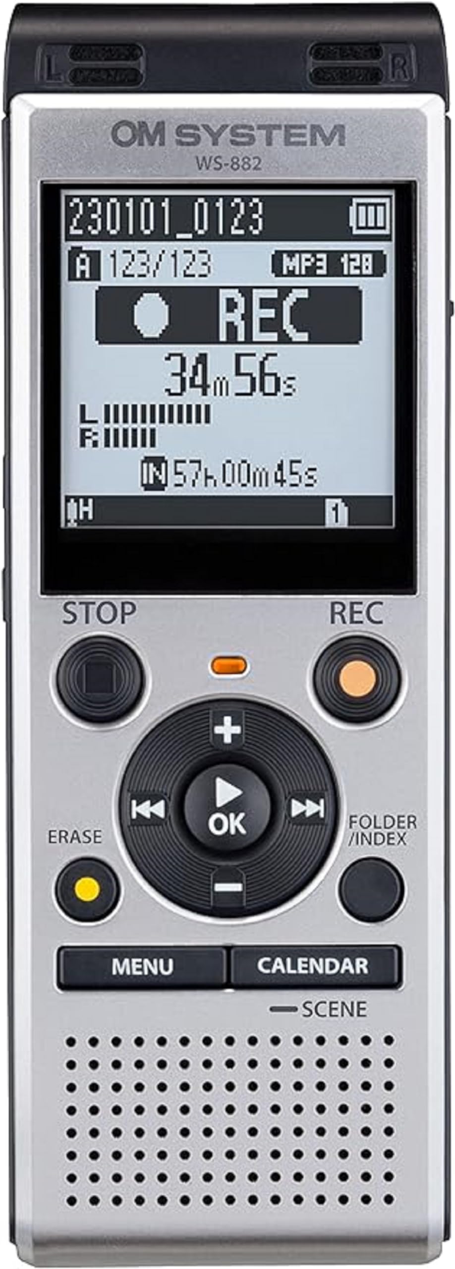 OM SYSTEM WS-882 digital voice recorder front view for clear audio capture.